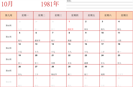 日历表1981年